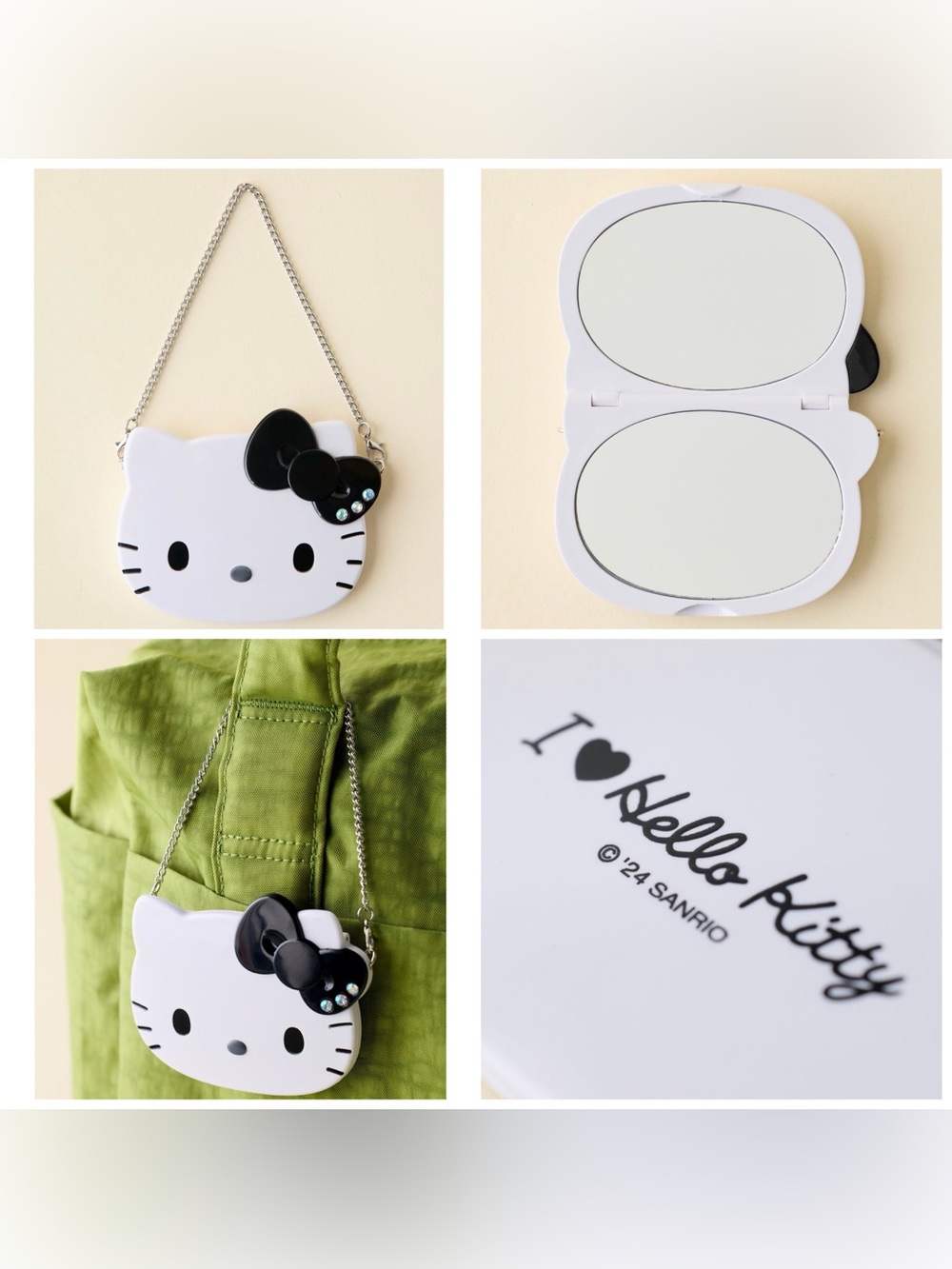 Sanrio Japan Hello Kitty Shaped Compact Mirror Keychain Black Rhinestone Bow